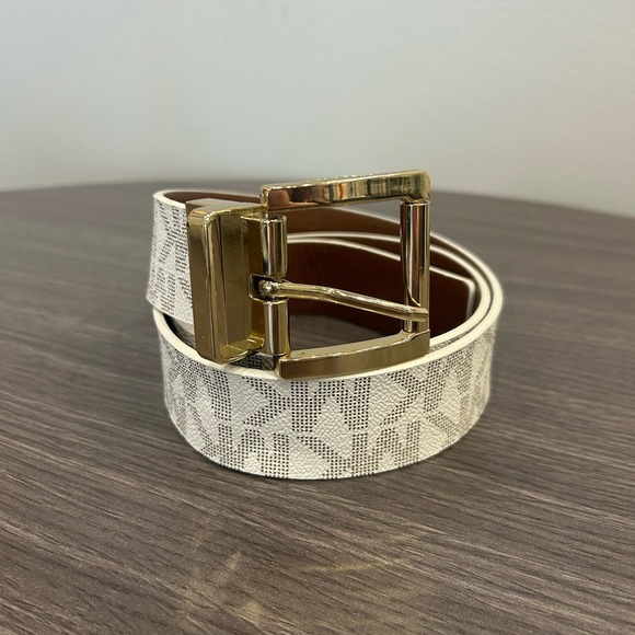 Michael Kors White and Brown Monogram Leather Gold Buckle Belt